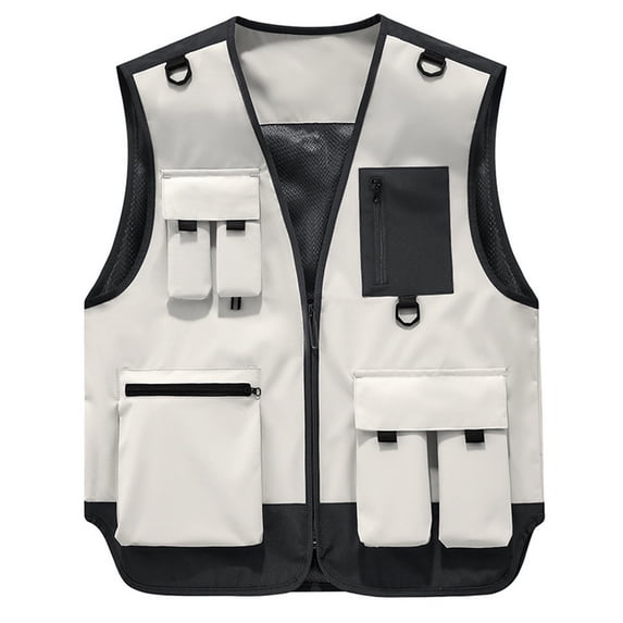 Kctiaxy Work Vest for Men Soild Color All-Season Outdoor V Neck Cargo Vest with Multi-Pockets Fashion Casual Zipper Photography Vest