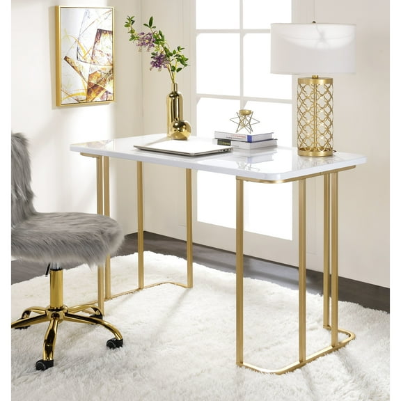 Kd Rectangular Desk In White & Gold Finish, Metal Square Tube Base, Synthetic Wood, 24" X 48" 31 And Gold, Open Metal, D W 31" H