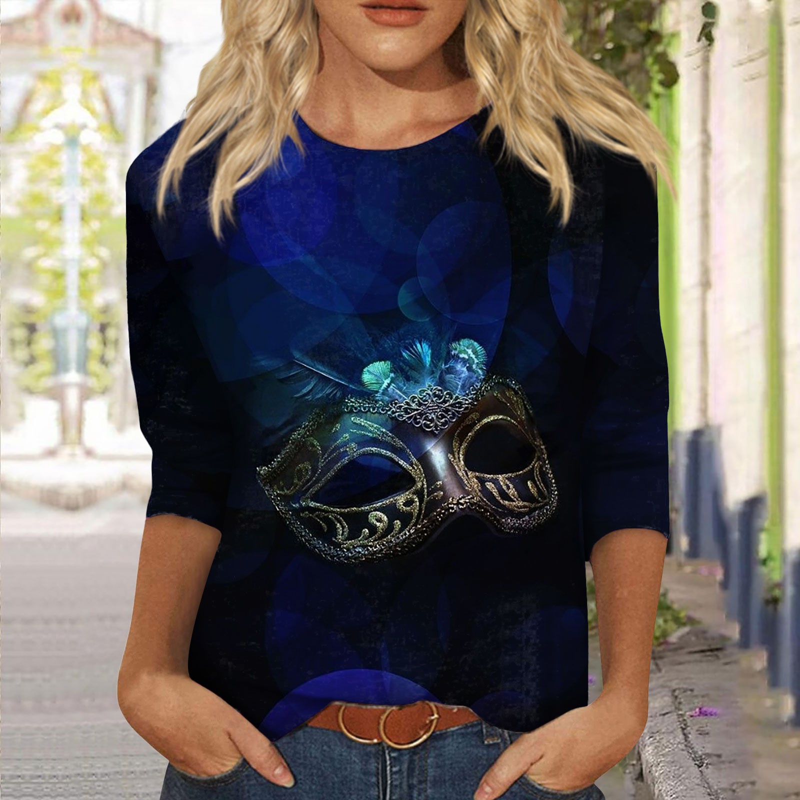 Kddylitq 2024 Mardi Gras Shirts for Women Crew Neck Elbow 3/4 Sleeve