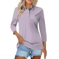 thumbnail image 1 of Kddylitq Womens Polo Shirts Solid Color Shirts Loose Fit Cotton Breathable Wicking Casual V Neck Summer T Shirts Button Down 2024 3/4 Sleeve Tunic Tops Light Purple 2XL, 1 of 4