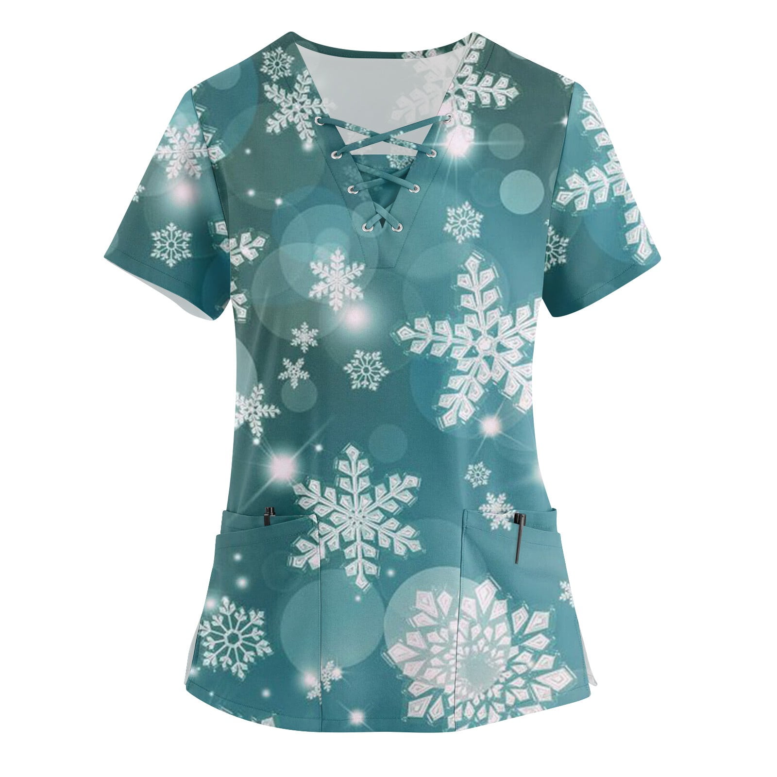 Kddylitq Christmas Ladies Christmas Scrub Top Short Sleeve V Neck