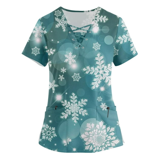 Kddylitq Christmas Ladies Christmas Scrub Top Short Sleeve V Neck