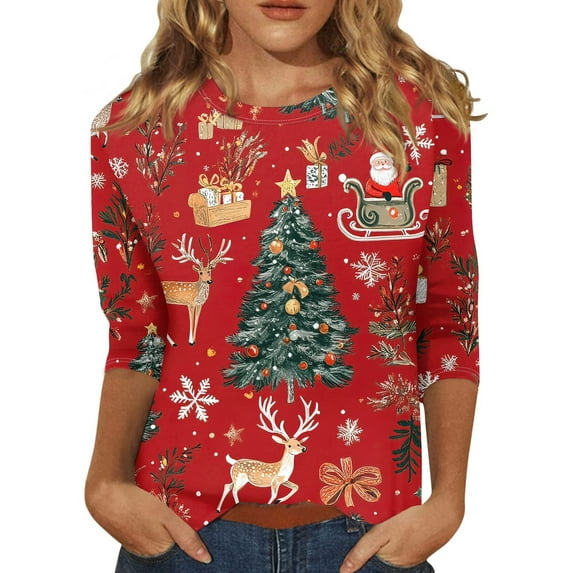 Kddylitq Christmas Shirts for Women Dressy Casual Novelty Xmas Tree Print 3/4 Sleeve T-Shirts Trendy Santa Claus Crewneck Tee Tops Red L