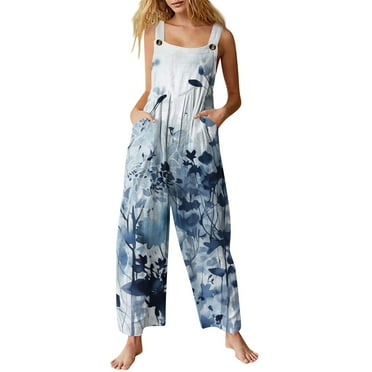 Kddylitq Cotton Capri Pants for Women Casual High Waist Wide-Leg Dressy Striped Print Summer Rompers Loose Fit 2024 Button Overalls Blue M