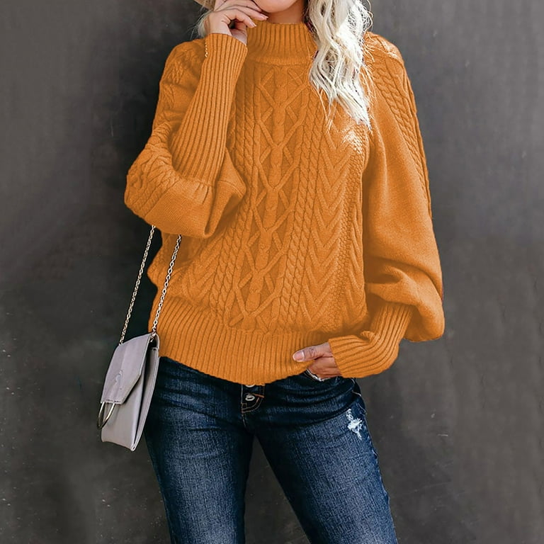 Kddylitq Dark Teal Sweater Women Yellow Long Sleeve Cute Knitted Pullover Turtleneck Fashion Ribbed Sweatshirts Plus Size Cozy Sweaters L