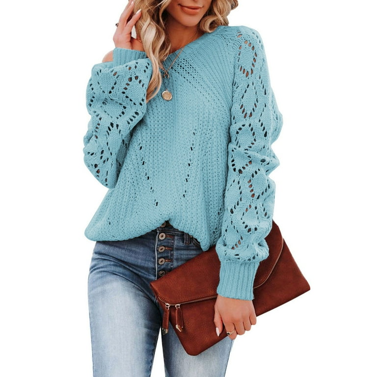 Kddylitq Fall Sweaters for Women Plus Size Cheap Nice Fall Sky Blue Knitted Petite Pullover Hollow Fall Long Sleeve Sweaters Ribbed Crew Neck Comfy Sweatshirts L Walmart