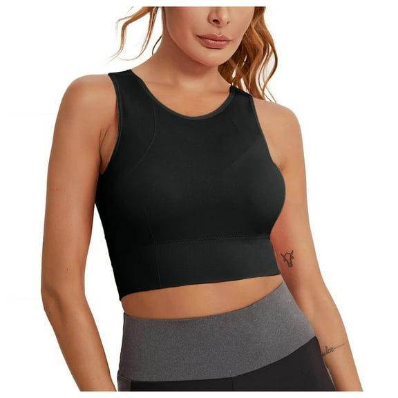 Kddylitq High Neck Sports Bra for Women Longline Full Coverage Sports Bras Medium Impact Padded Workout Crop Tops for Yoga Gym Black L