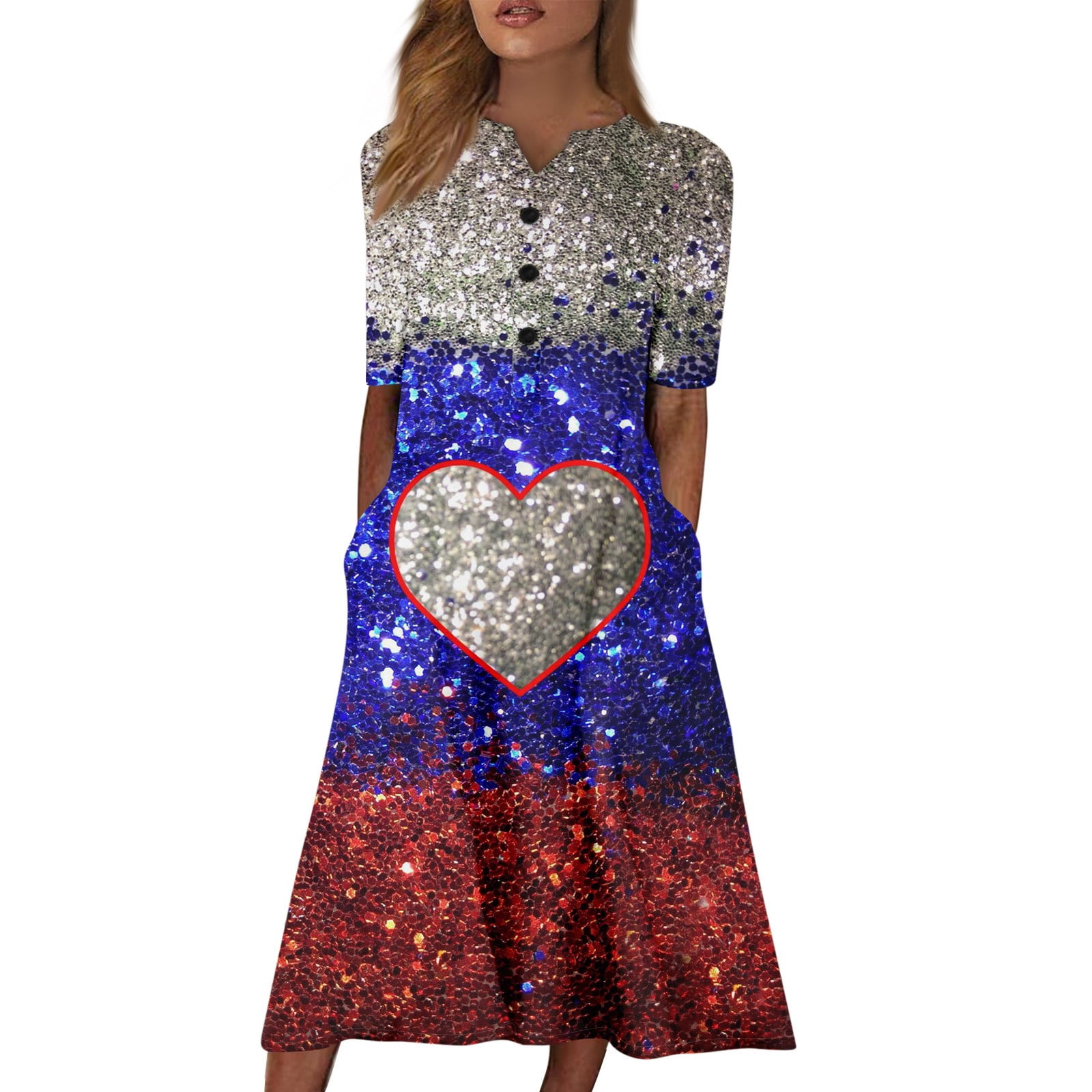 Vintage Independence Day Flag Art V Neck Elegant Chic Loose Short Sleeve Midi Dress main image 1