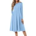 thumbnail image 1 of Kddylitq Long Sleeve Midi Dresses for Women 2024 Fashion Solid Color Pleated Dress Casual Plus Size Crewneck Dress with Pockets Light Blue S, 1 of 5