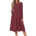 thumbnail image 1 of Kddylitq Long Sleeve Midi Dresses for Women 2024 Fashion Solid Color Pleated Dress Casual Plus Size Crewneck Dress with Pockets Wine S, 1 of 5