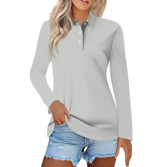 Kddylitq Long Sleeve Polo Shirts For Women Collared Wicking Summer Shirts Lightweight Loose Vintage Tops Light Gray L