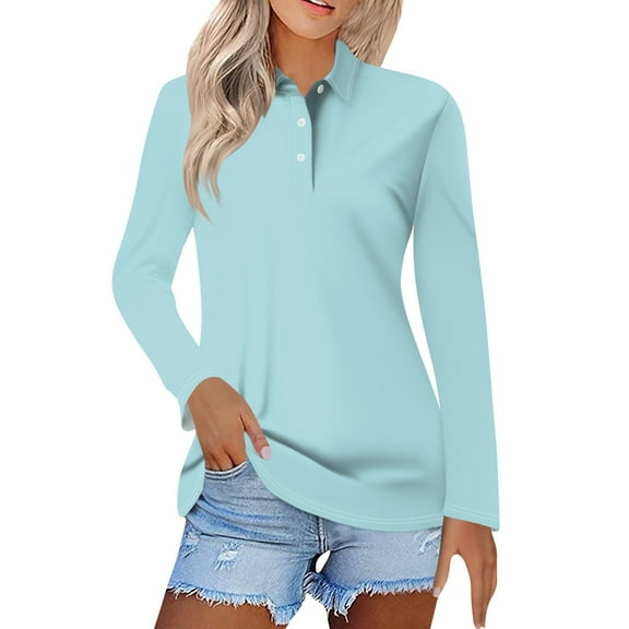 Kddylitq Long Sleeve Polo Shirts For Women Collared Wicking Summer Shirts Lightweight Loose Vintage Tops Sky Blue 3XL