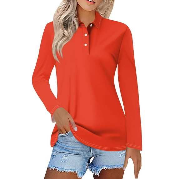 Kddylitq Long Sleeve Polo Shirts For Women Collared Wicking Summer Shirts Lightweight Loose Vintage Tops Vermilion XL