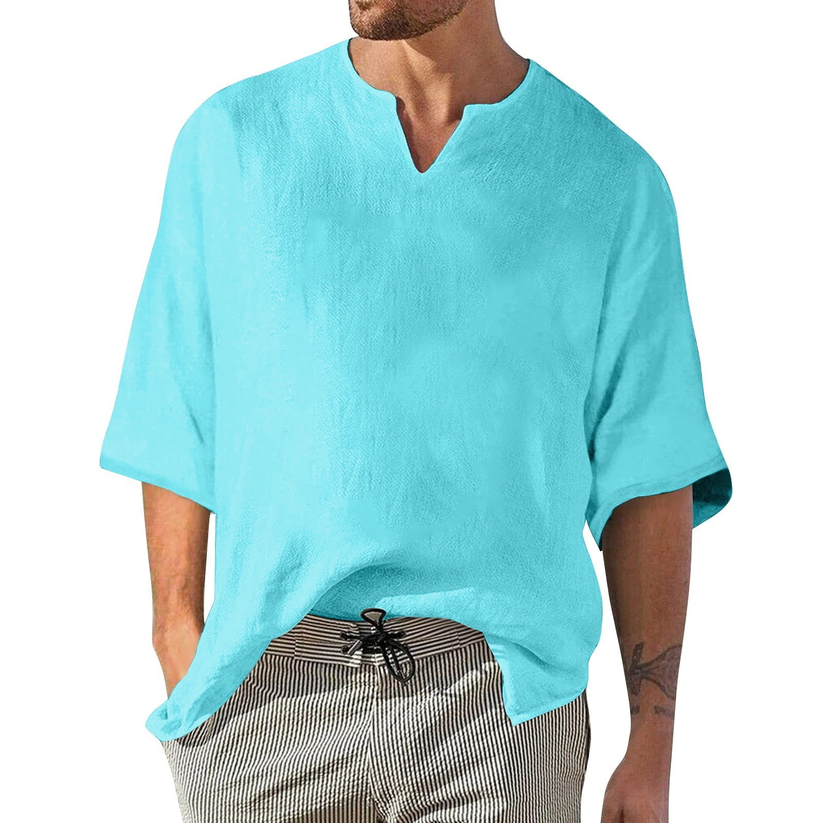 Kddylitq Men's Cotton Linen V Neck Tee Beach Summer Henley
