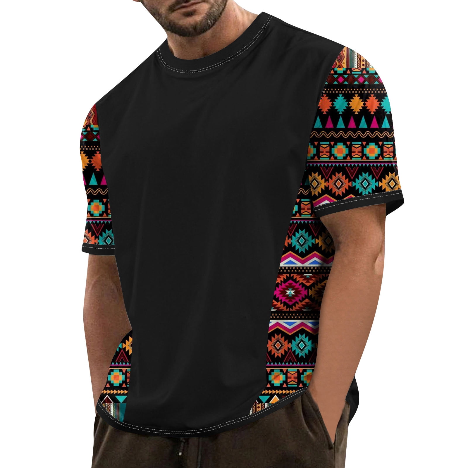 Kddylitq Men's Ethnic Pattern Patchwork T-Shirt Breathable
