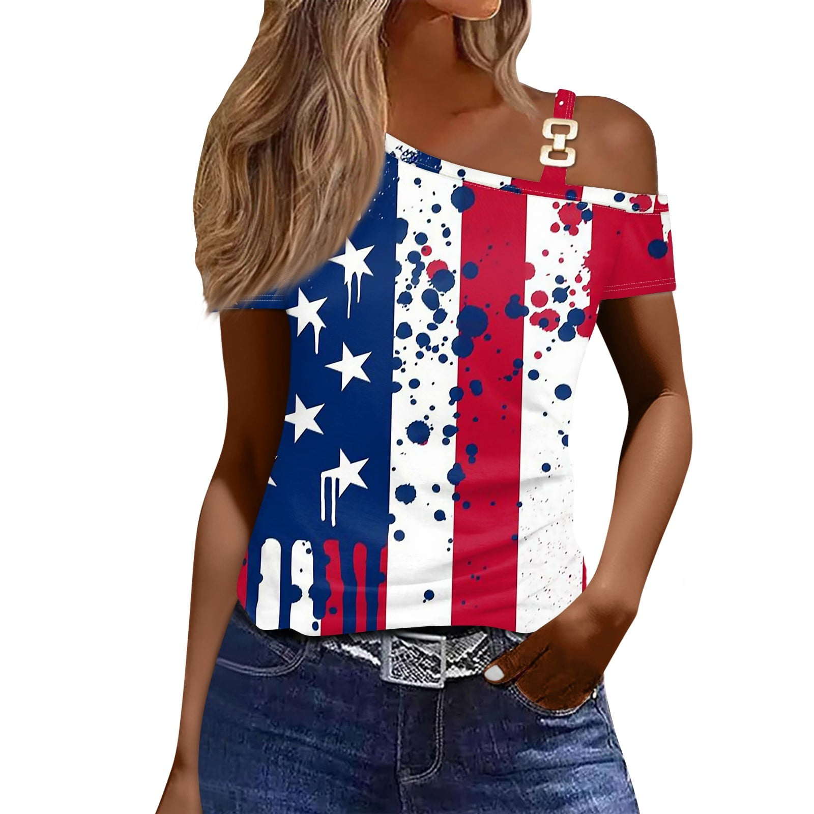 Kddylitq One Shoulder Independence Day T Shirts for Women American Flag ...