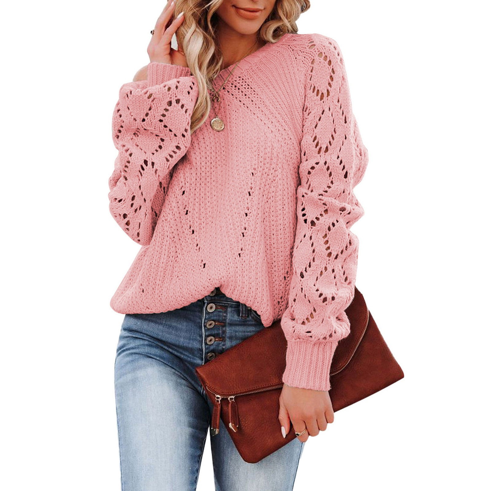 Kddylitq Open Sweaters for Women Plus Size Pink Crew Neck Fashion ...