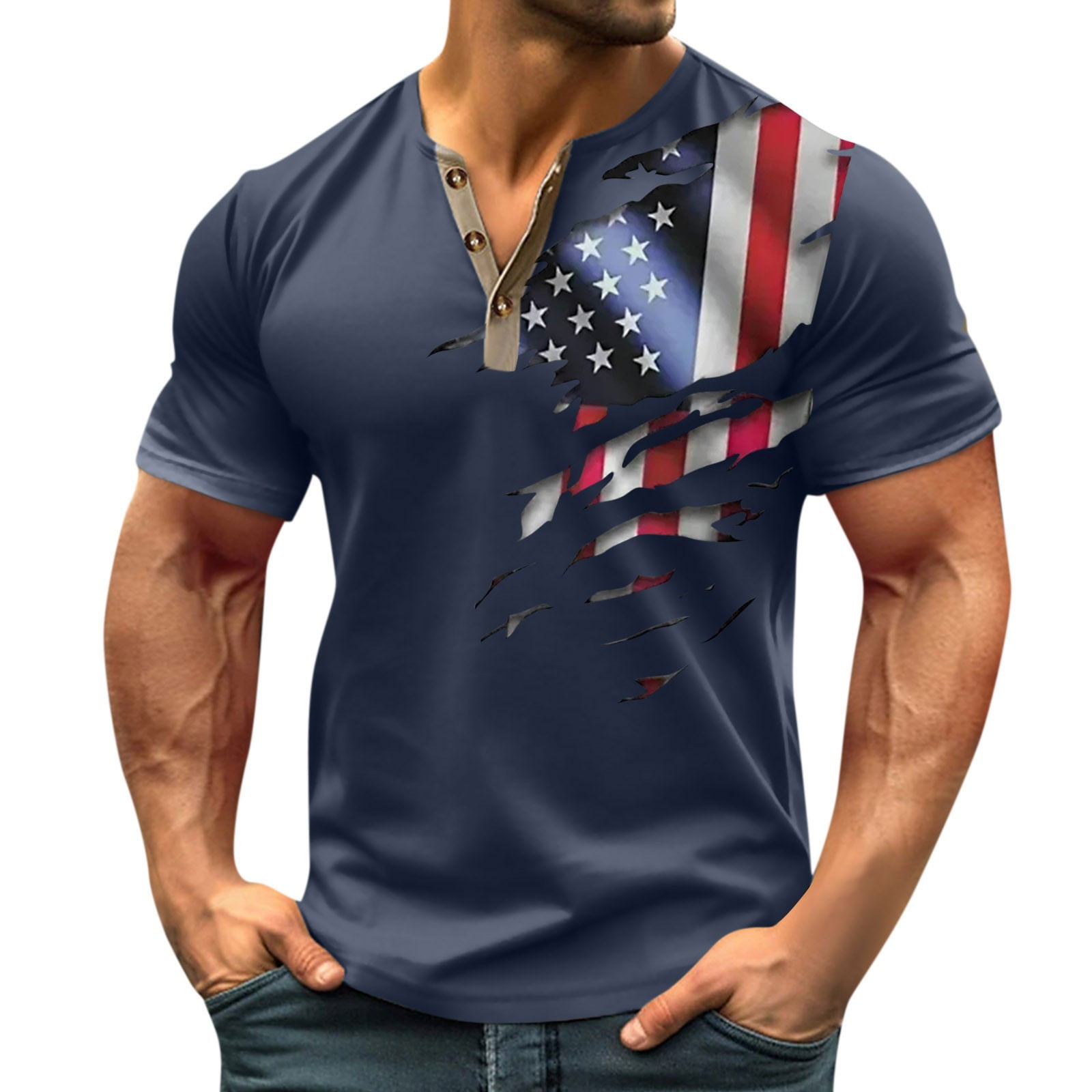 Kddylitq Patriotic Henley Shirts for Men Muscle 4th Of July Tops Button ...