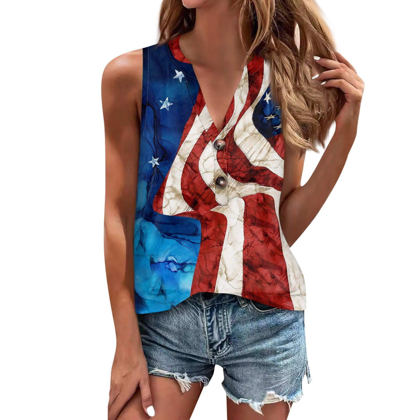 Kddylitq Patriotic Tank Tops Women 4th Of July Henley V Neck American Flag Shirts Star Stripes 2258