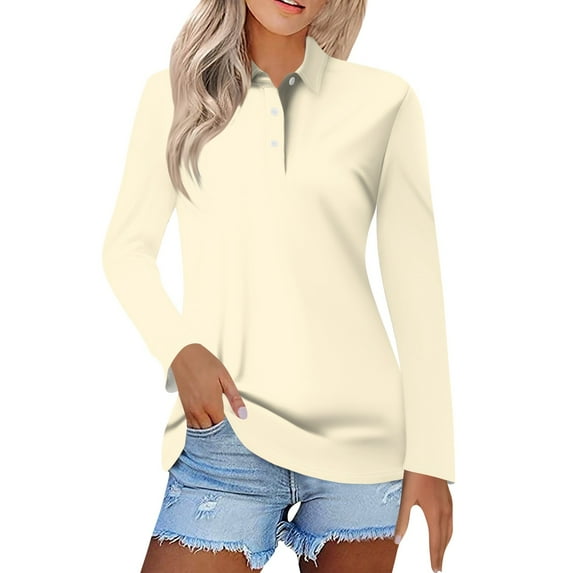 Kddylitq Polo Shirts For Women Cotton Plus Size Long Sleeve Collared Wicking Lightweight Shirts Fall Loose Dressy Tops Beige 2XL