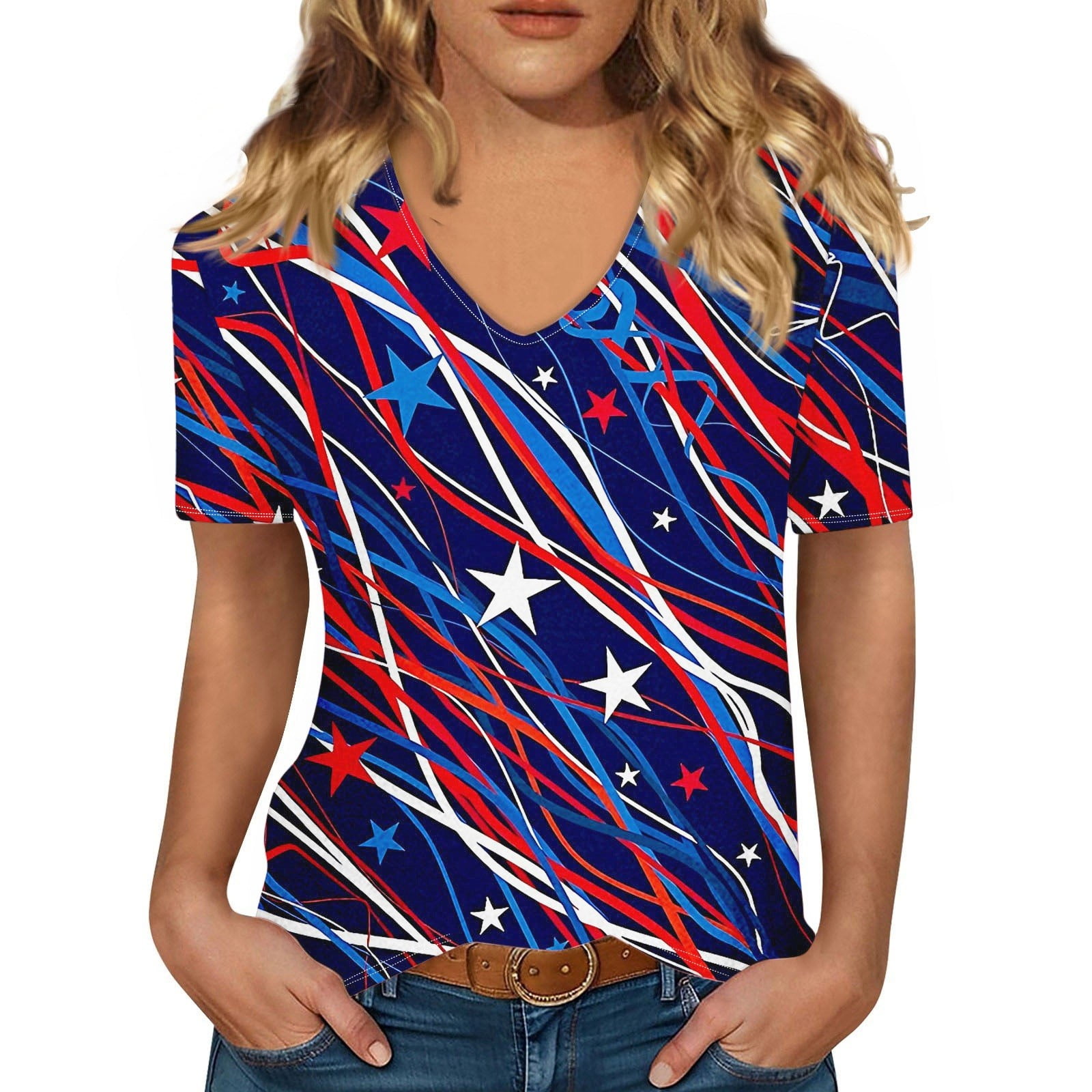 Kddylitq Stars Striped American Flag T Shirts For Women Patriotic Shirts V Neck Independence Day 9240