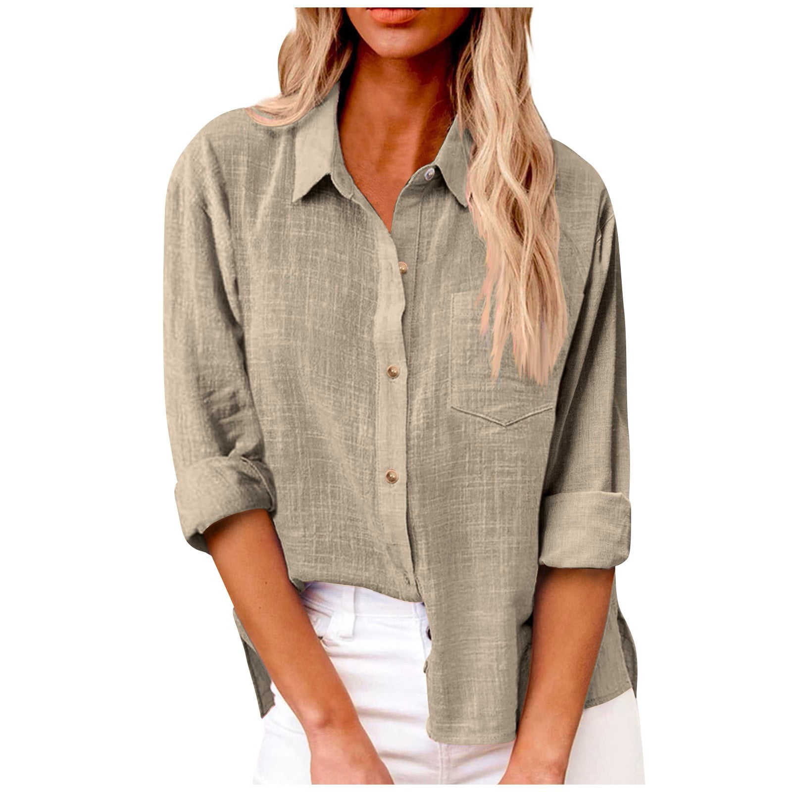 Kddylitq Summer Button Down Shirts for Women Cotton Linen Collared Tops Long Sleeve Gauze Blouses 2024 Casual Work Clothing Khaki XL