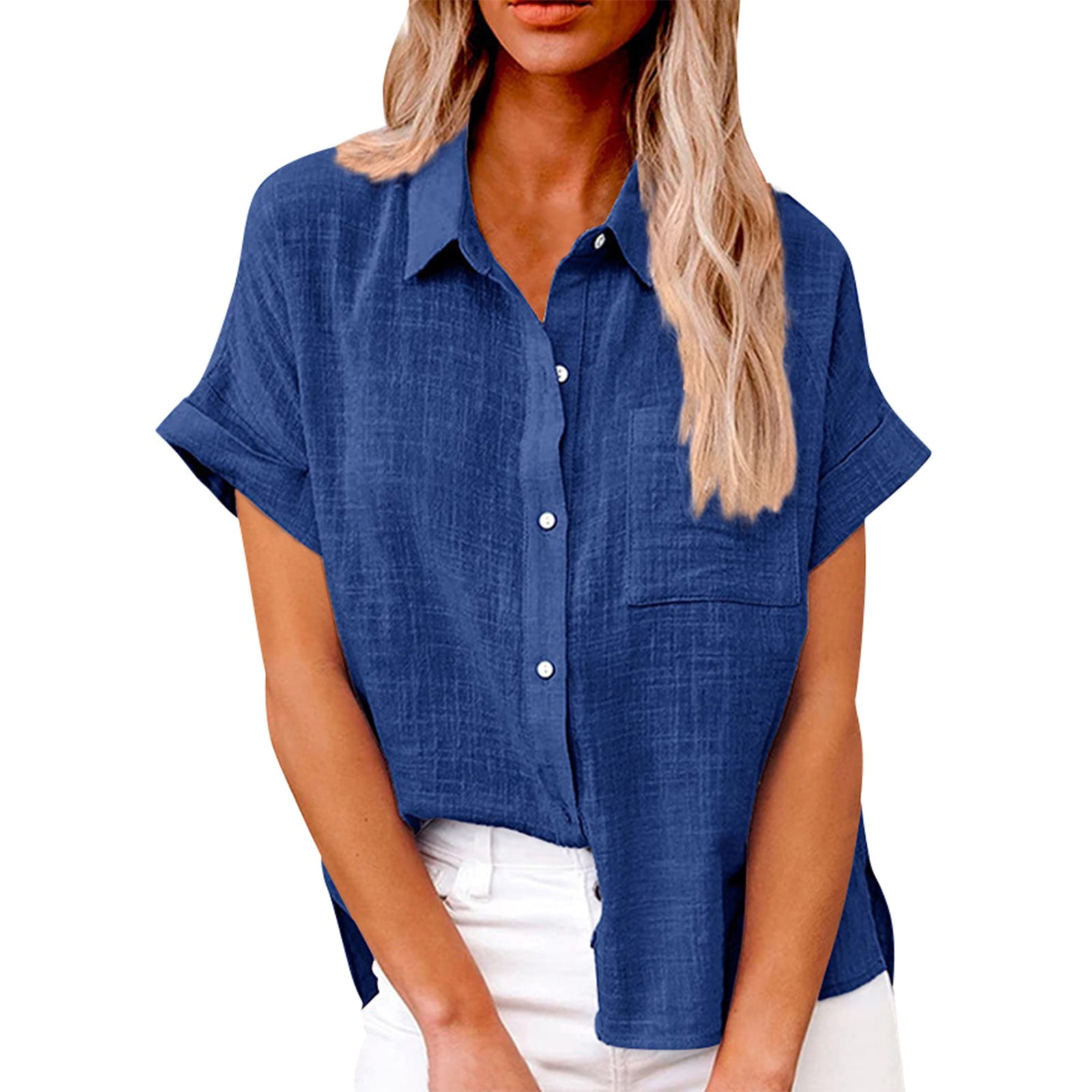Kddylitq Summer Button Down Shirts for Women Cotton Linen Collared Tops ...