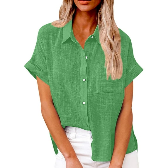 Kddylitq Summer Button Down Shirts for Women Cotton Linen Collared Tops Short Sleeve Gauze Blouses 2024 Casual Work Clothing Dark Green 2XL