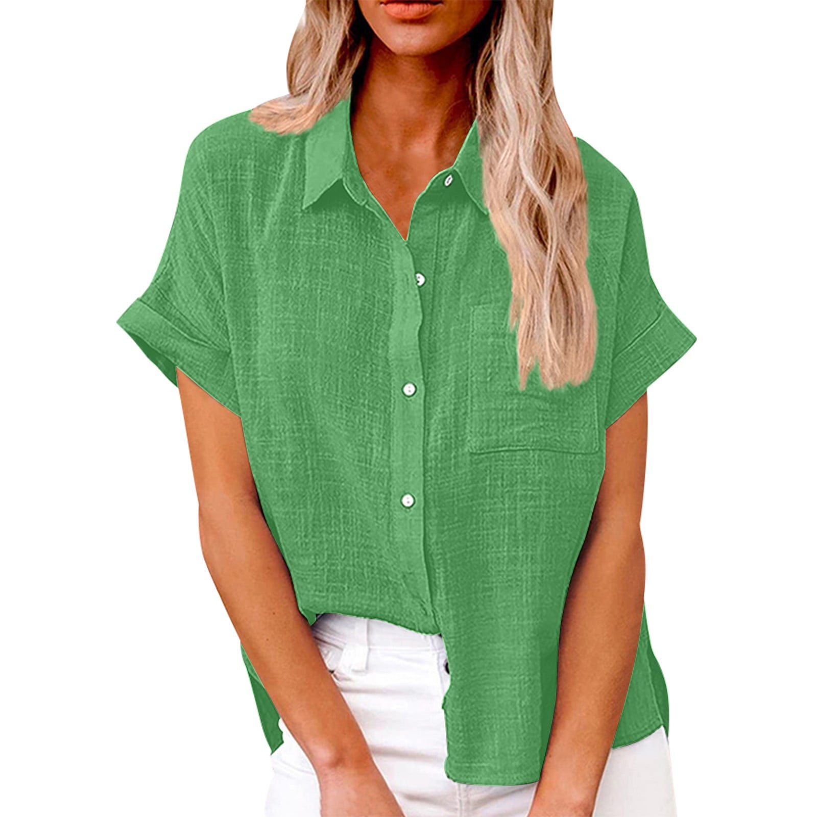 Kddylitq Summer Button Down Shirts for Women Cotton Linen Collared Tops ...