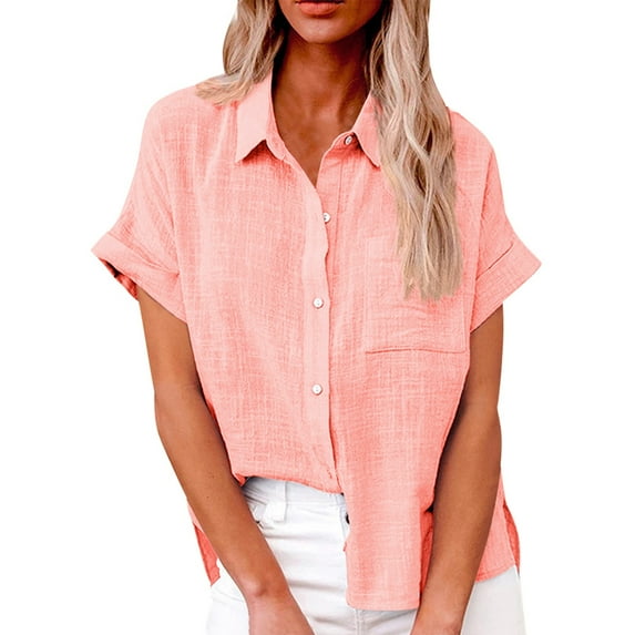 Kddylitq Summer Button Down Shirts for Women Cotton Linen Collared Tops Short Sleeve Gauze Blouses 2024 Casual Work Clothing Pink S