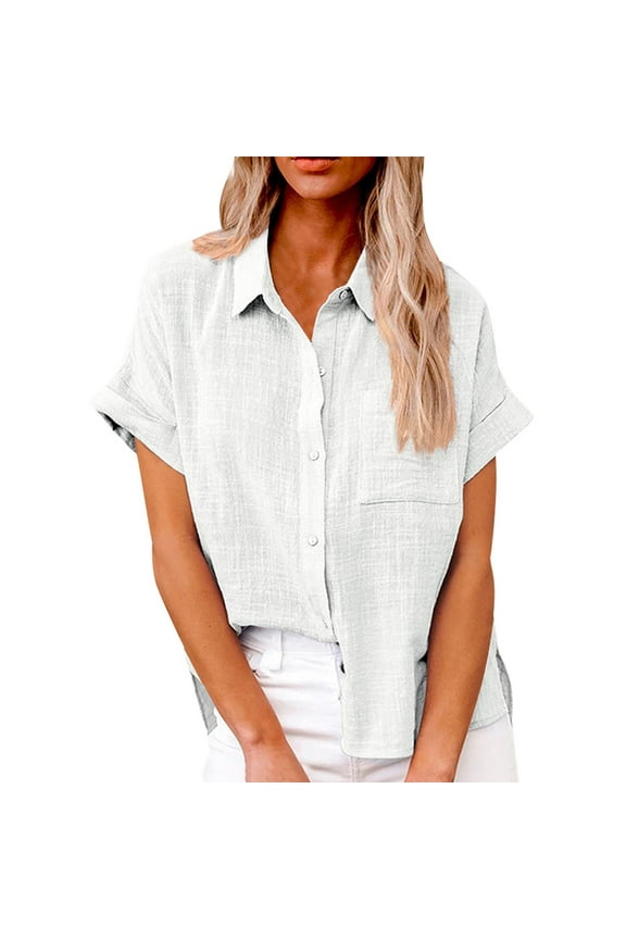 Summer Button Down Shirts for Women Cotton Linen Collared Tops Short Sleeve Gauze Blouses 2024 Casual Work Clothing White 2XL