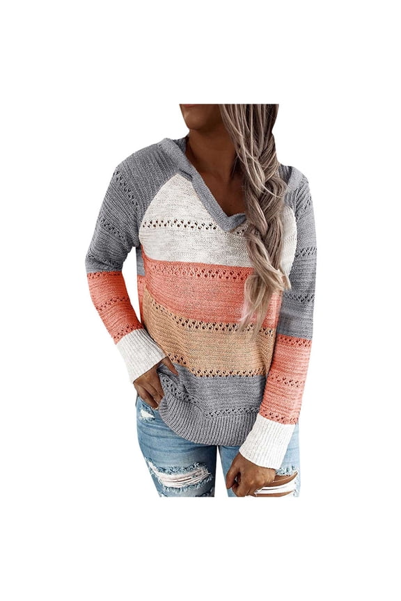 Summer Sweaters for Women Lightweight Striped V Neck Drawstring Long Sleeve Color Block Hooded Cardigan/pullover Hoodies for Women Knit Oversized Sweatshirts for Women Orange XL