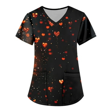 Kddylitq Valentines Scrub Tops for Women V Neck Short Sleeve Scrub Uniform Love Print Nursing Scrub T Shirts 2024 Casual Scrub Tops with 2 Pockets Black L