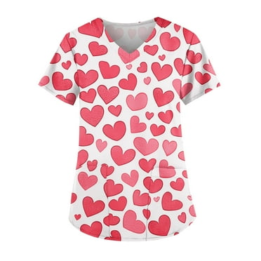 Kddylitq Valentines Scrub Tops for Women V Neck Short Sleeve Scrub Uniform Valentines Print 2024 Scrub T Shirts Nursing Medical Scrub Shirts with 2 Pockets Hot Pink 2XL