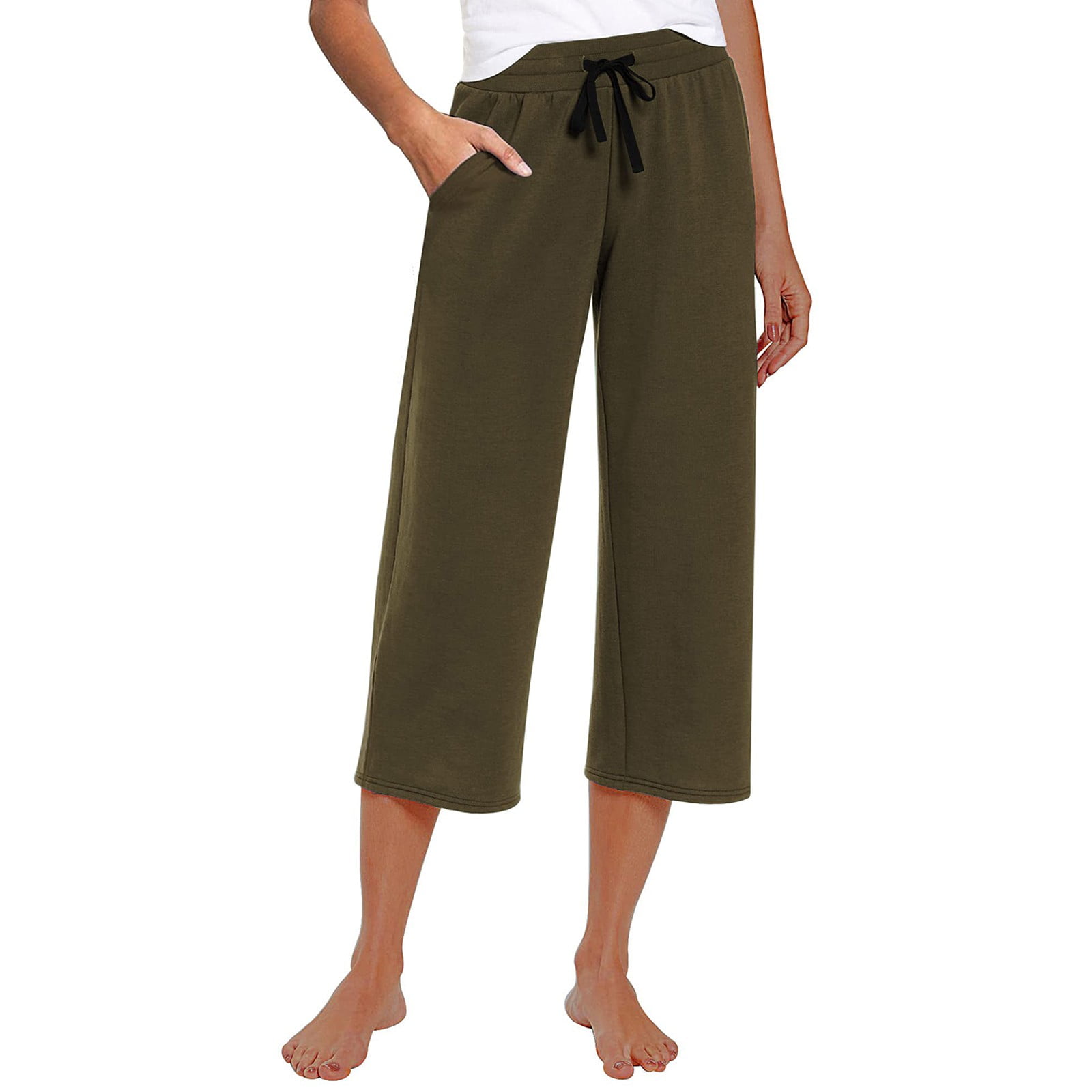 Kddylitq Women Capri Pants Yoga Cotton Wide Leg Pajama Pants Sports Leisure Army Green 2XL Walmart