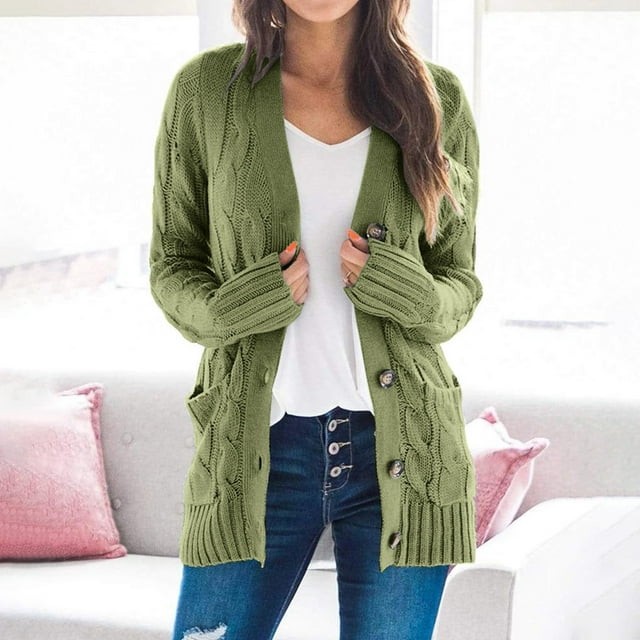 Kddylitq Cozy Cardigans for Women Plus Size Green Ribbed Casual Long ...