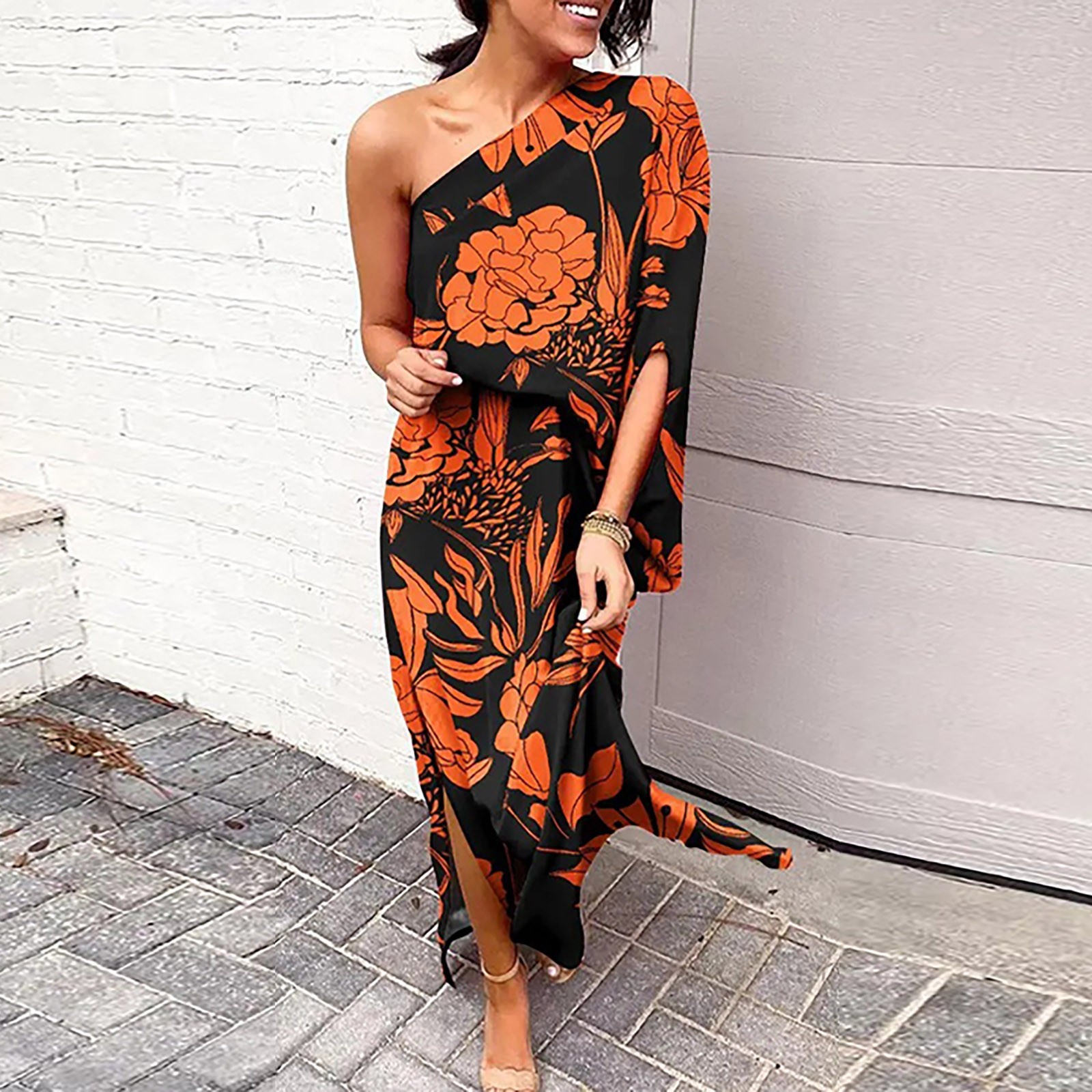 Kddylitq Women s Casual Cocktail Dresses Summer Hem Floral Short Sleeve Loose Casual Dress Casual Dress Dresses Orange M