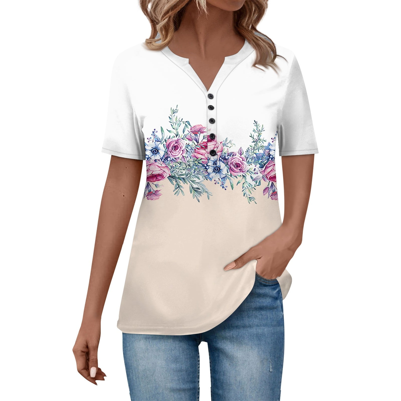 Kddylitq Women's Floral Short Sleeve Henley Button Shirts Plus Size ...