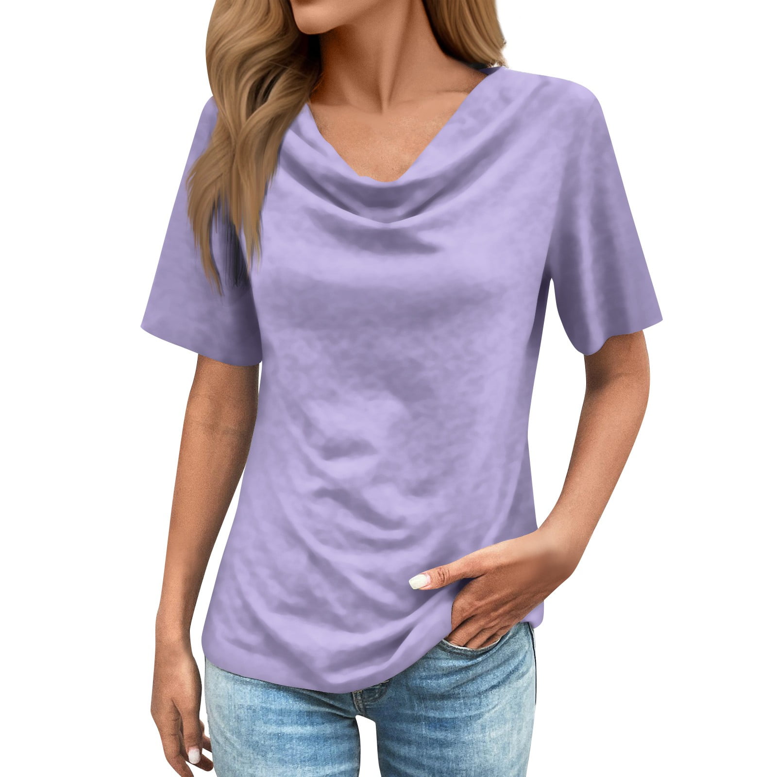 Kddylitq Women's Short Sleeve Cowl Neck Shirt Plus Size Summer Business