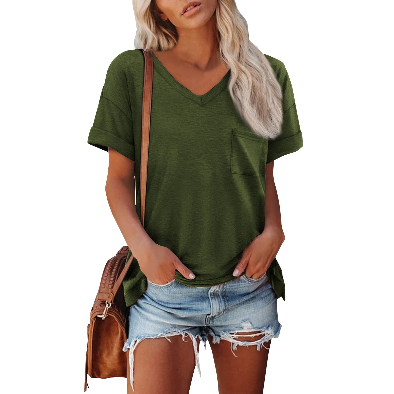 Kddylitq Women's Short Sleeve V-Neck Shirts Loose Casual Tee