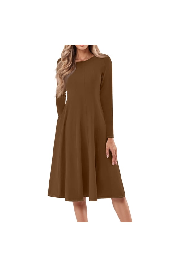 Kddylitq Womens 2024 Fall Trendy Crew Neck Long Sleeve A Line Flowy Casual Midi Dress with Pockets Brown L