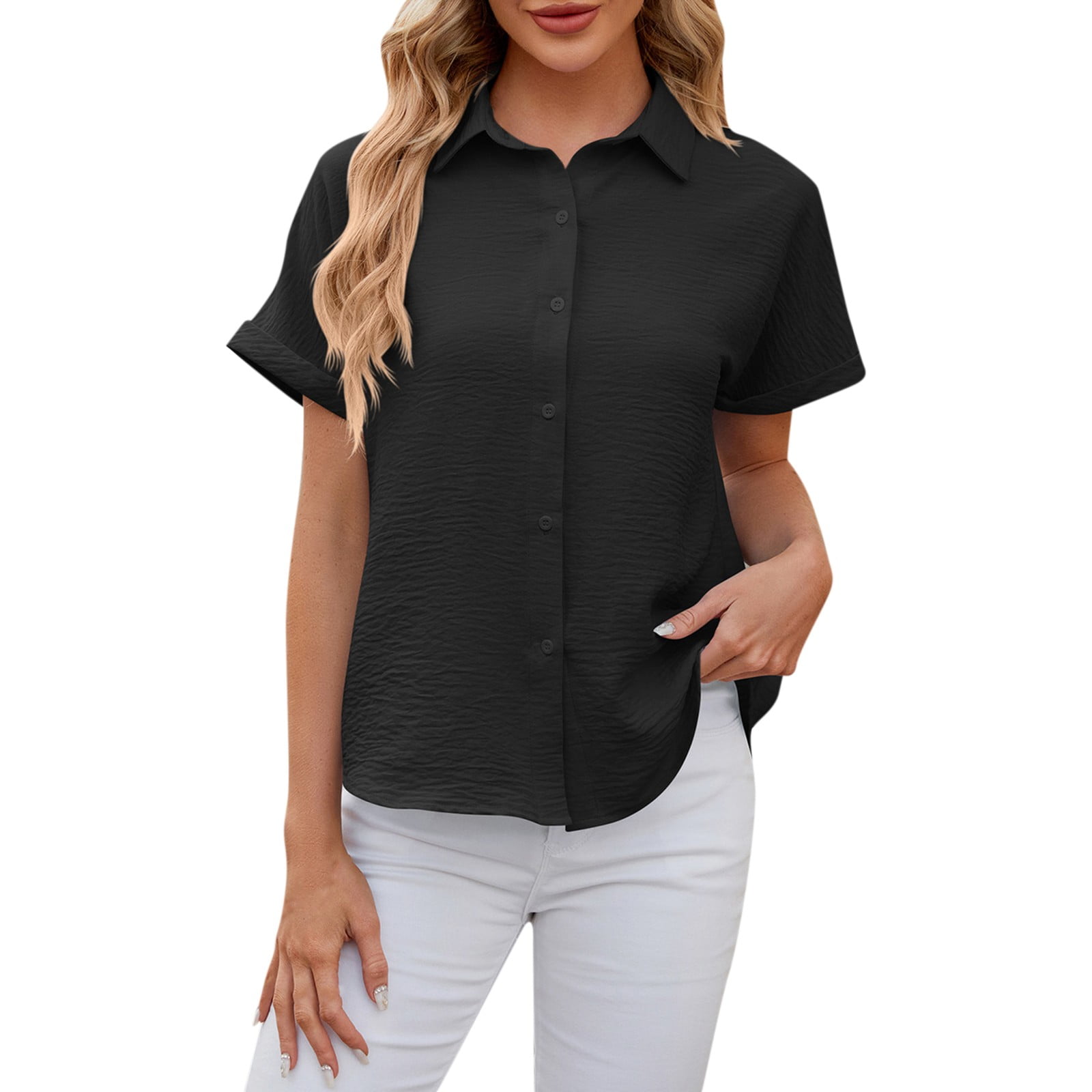 Kddylitq Womens Button Down Collar Short Sleeve Button Shirts Plus Size