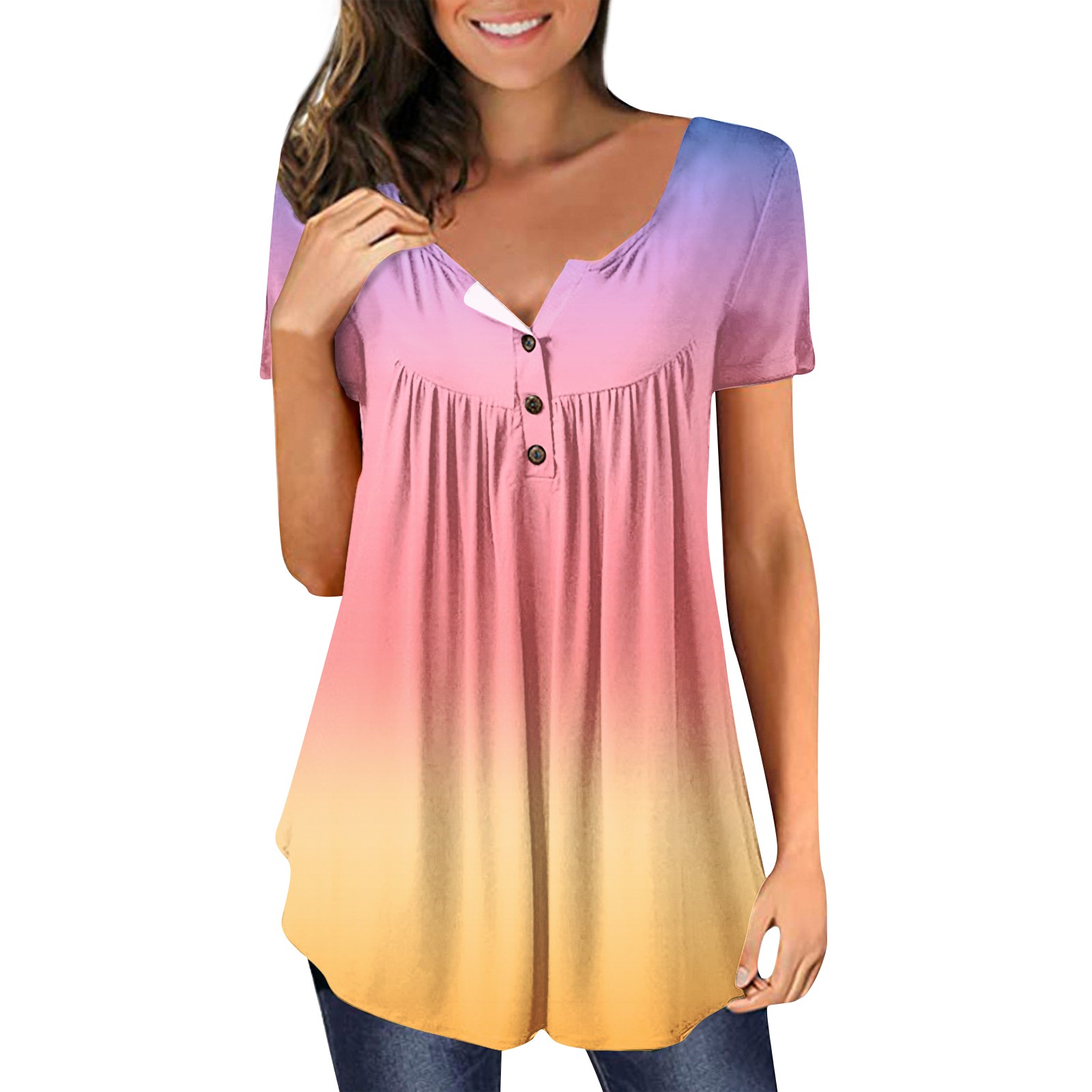 Kddylitq Womens Button Tie Dye Henley Short Sleeve Shirt Summer Loose