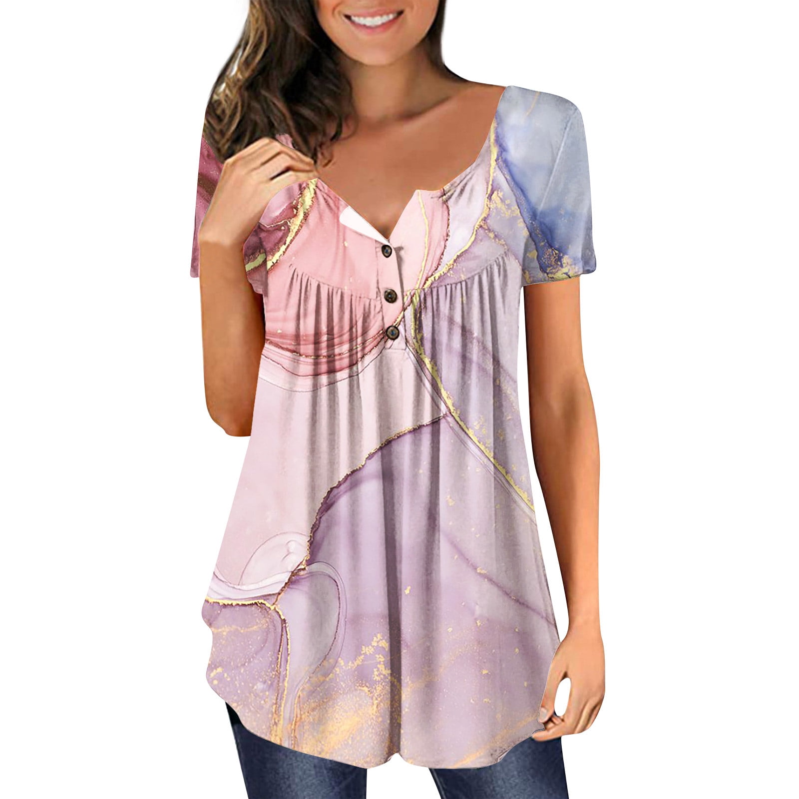 Kddylitq Womens Henley Short Sleeve Marble Print Button Shirt Dressy