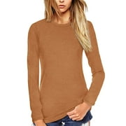 Kddylitq Womens Long Sleeve Crew Neck Shirt Slim Fitted Dressy Casual Sexy 2024 Tshirt Winter Cute Graphic Petite Tunic Tops Camel XL