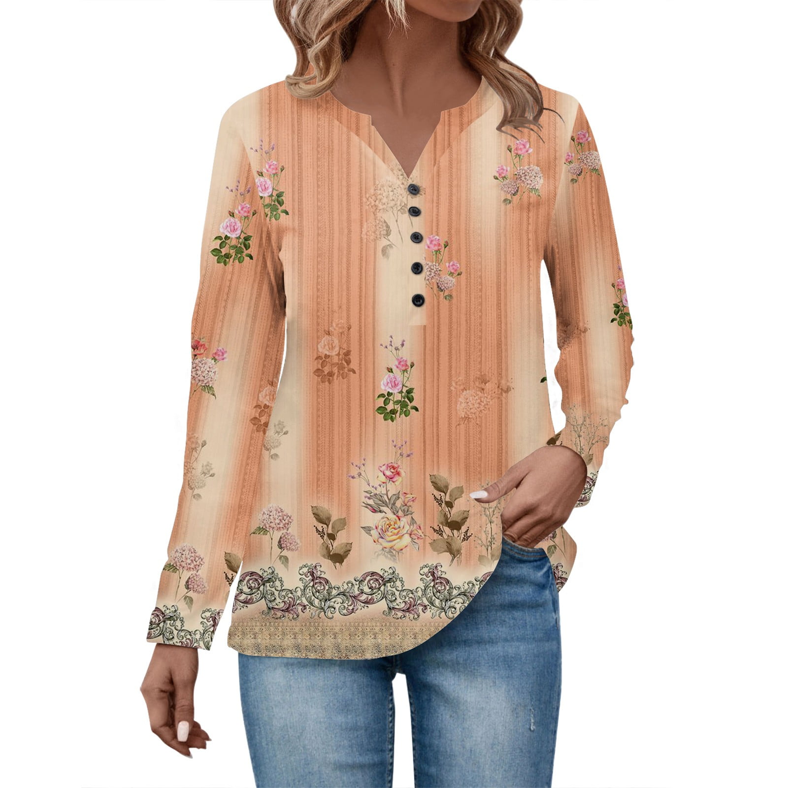 Kddylitq Womens Long Sleeve Floral Henley Button Down Shirts Loose Fit Plus Size Plain Comfy