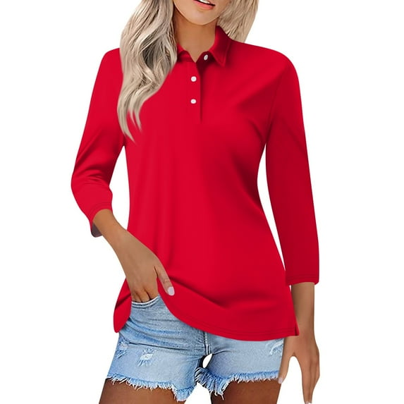 Kddylitq Womens Polo Shirts Button Down T Shirts V Neck Cotton Breathable Wicking 2024 3/4 Sleeve Casual Tops Solid Color Summer Loose Fit Shirts Red L