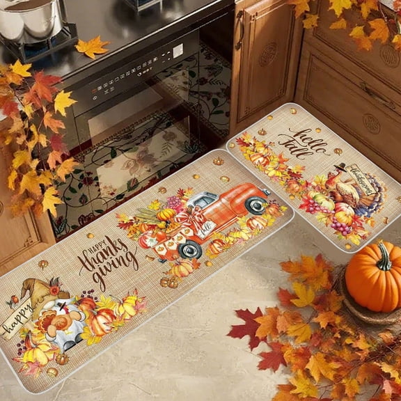 Kdkad 2-Piece Fall Mat Set, Halloween Thanksgiving Pumpkin & Maple Leaf Rugs, Non-Slip Dual-Size (15.7x23.6in & 47in), Heavy-Duty Indoor/Outdoor Polyester