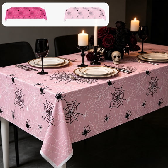 Kdkad 2pcs Halloween Tablecloth, Pink Black Spiderweb Table Cloth for Halloween Decorations, Waterproof Disposable Rectangle Table Cover for Dinner Picnic Kitchen Decor, Halloween Party Supplies