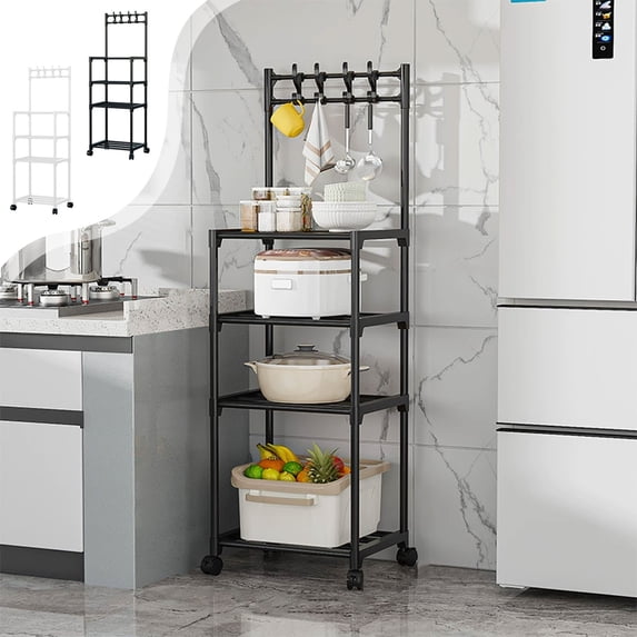 Kdkad 4-Tier Kitchen Storage Cart 51x16 Inch Mobile Organizer with 4 Casters & Hooks, Plastic+Steel Multifunctional Rack for Kitchen/Bathroom/Living Room (Black/White)
